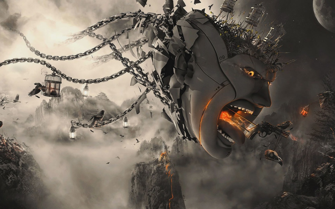 Летающая голова с цепями, 3-Д графика