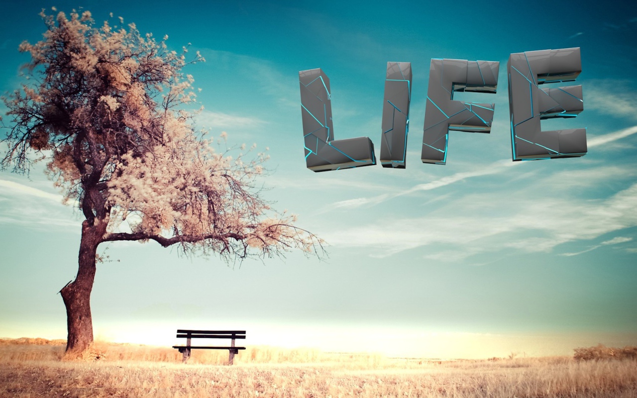 Буквы в небе у дерева, 3-Д графика