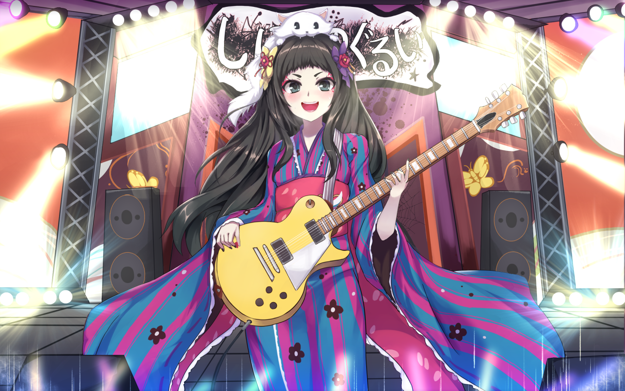 Девушка аниме в кимоно с гитарой