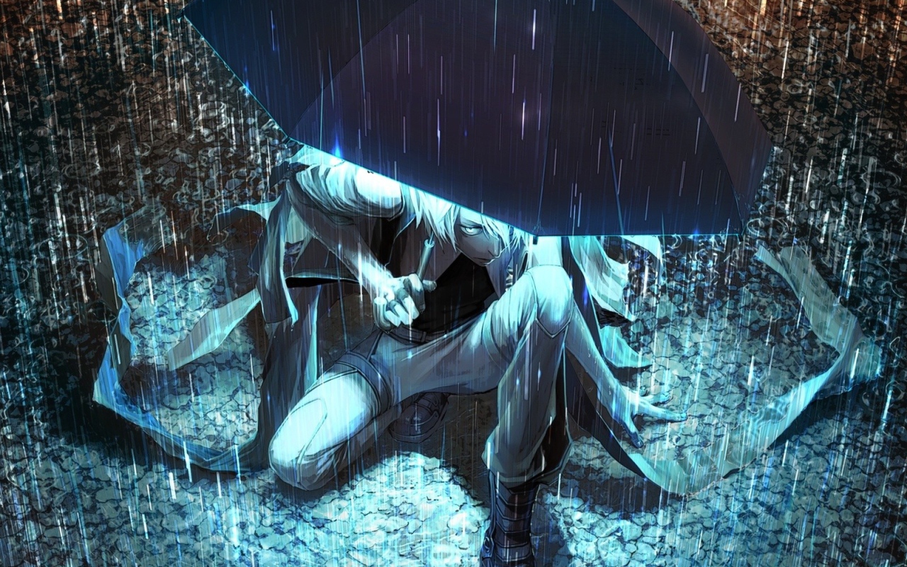 Парень аниме прячется от дождя под светящимся зонтом