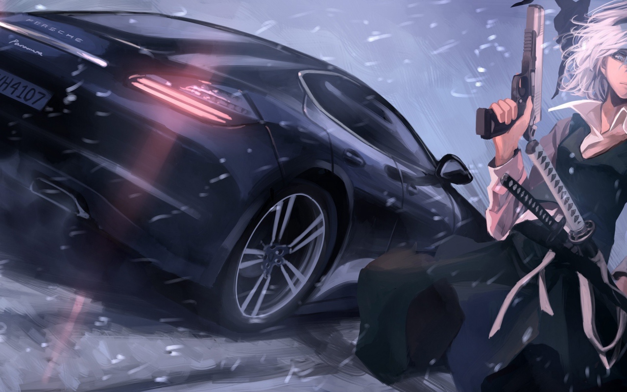 Вооруженный персонаж аниме и Porsche Panamera