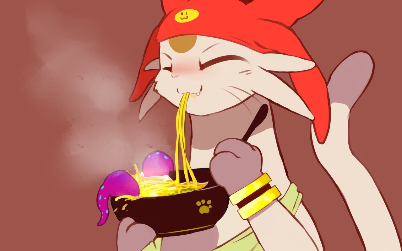 Кот ест лапшу в аниме Космический Денди