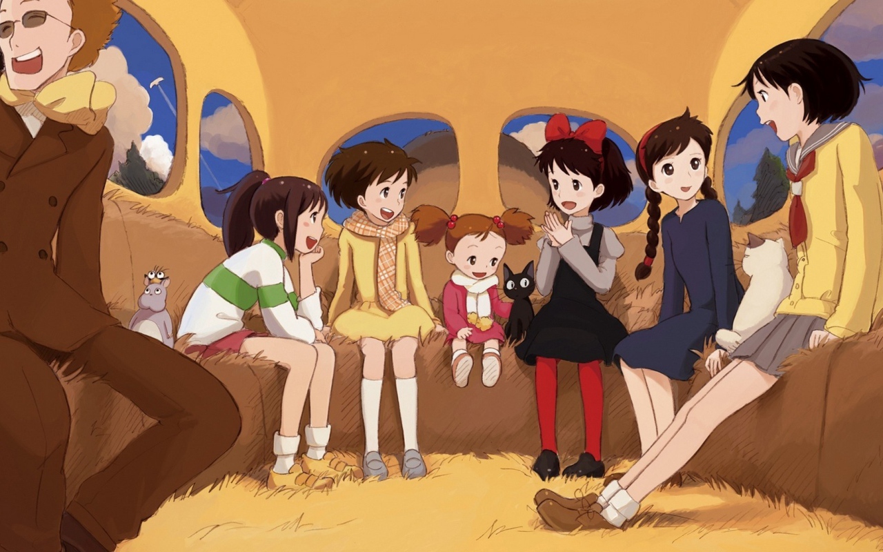 Дети в автобусе в аниме Ведьмина служба доставки