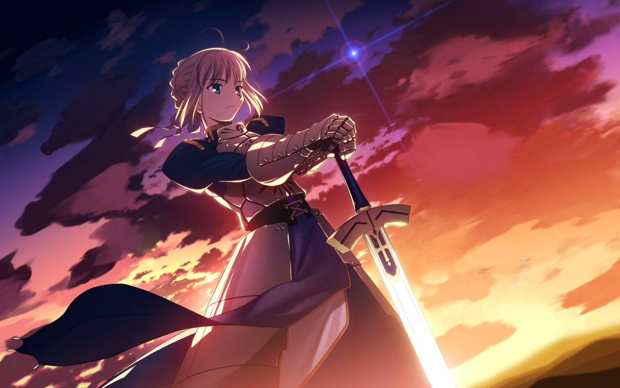 Огненный меч в руке девушки аниме Fate Series
