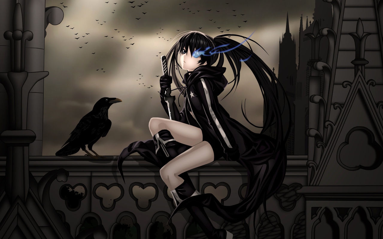 Девушка и ворон в аниме Insane Black Rock Shooter