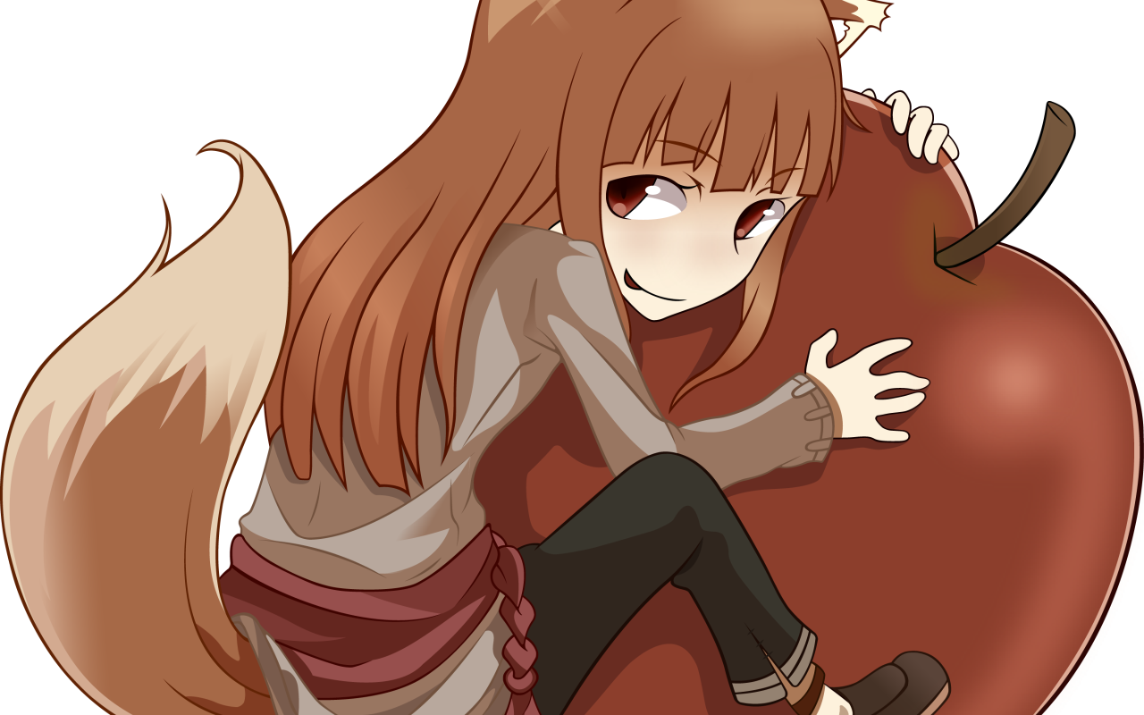 Девушка обнимает яблоко в аниме Волчица и пряности