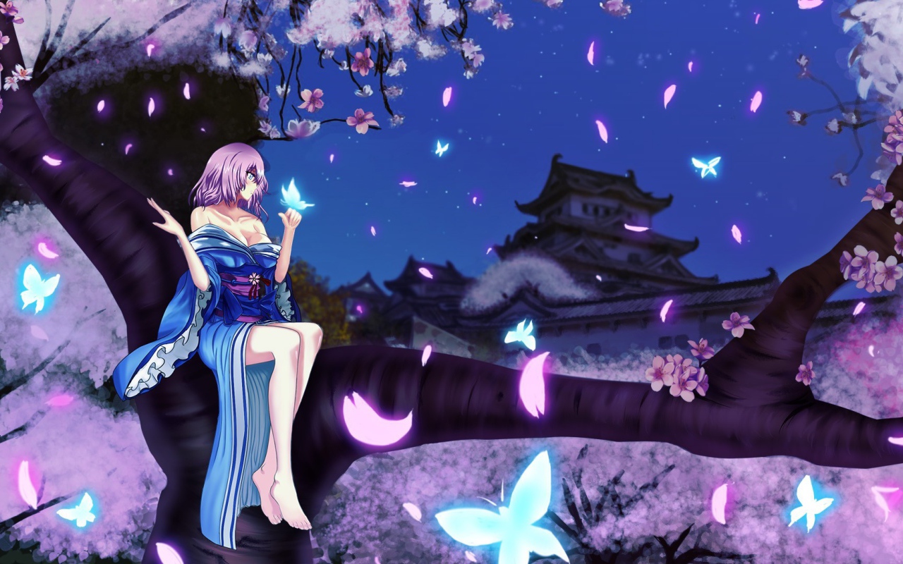 Девушка сидит на дереве в аниме Saigyouji Yuyuko