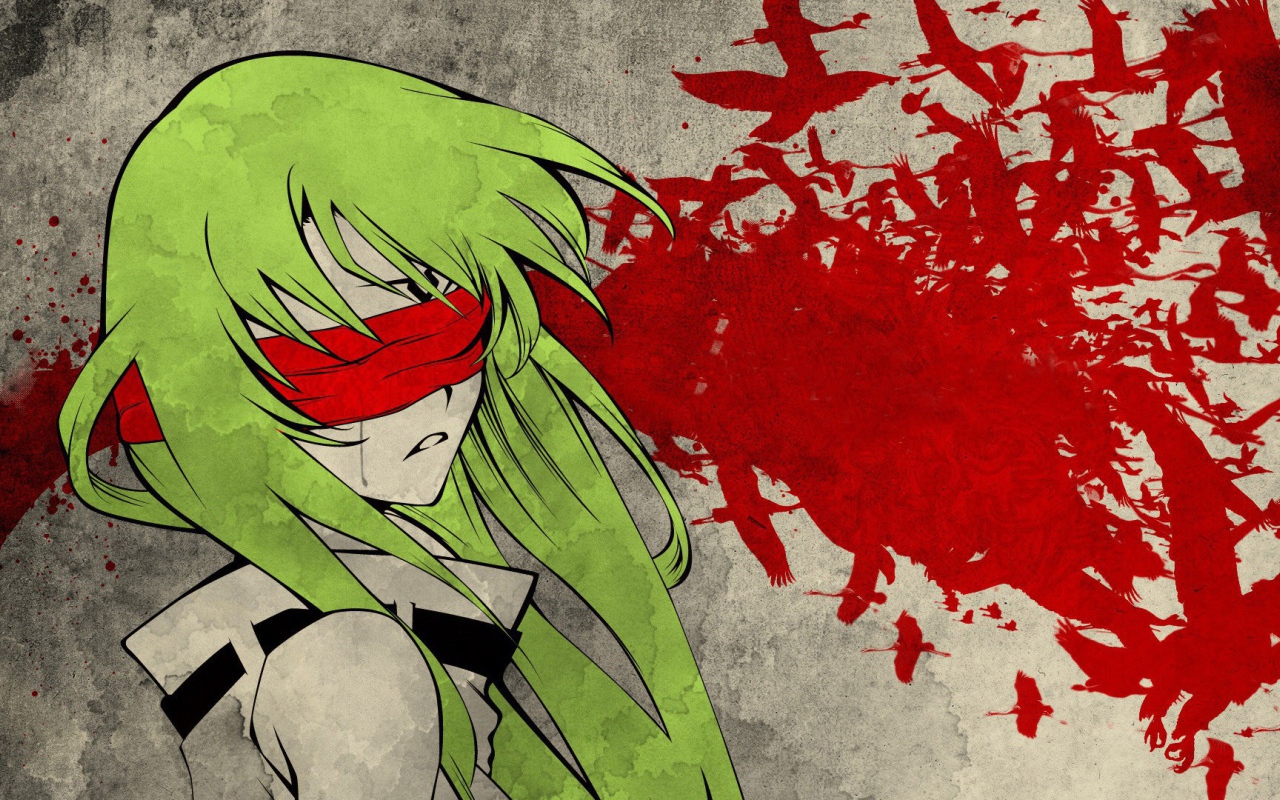 Зеленоволосая девушка с красной повязкой на глазах, аниме Code Geass