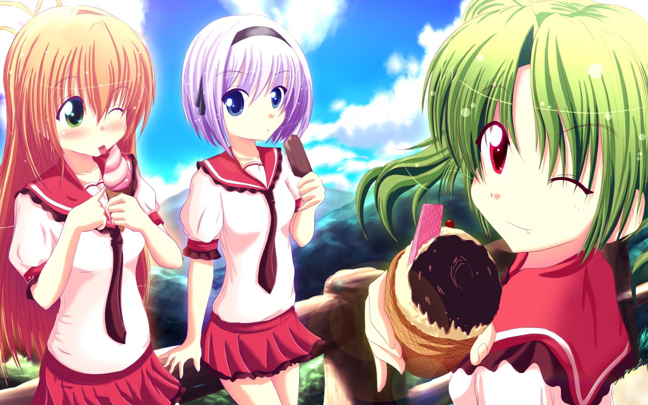 Девушки кушают мороженое в аниме Мост в звездное небо