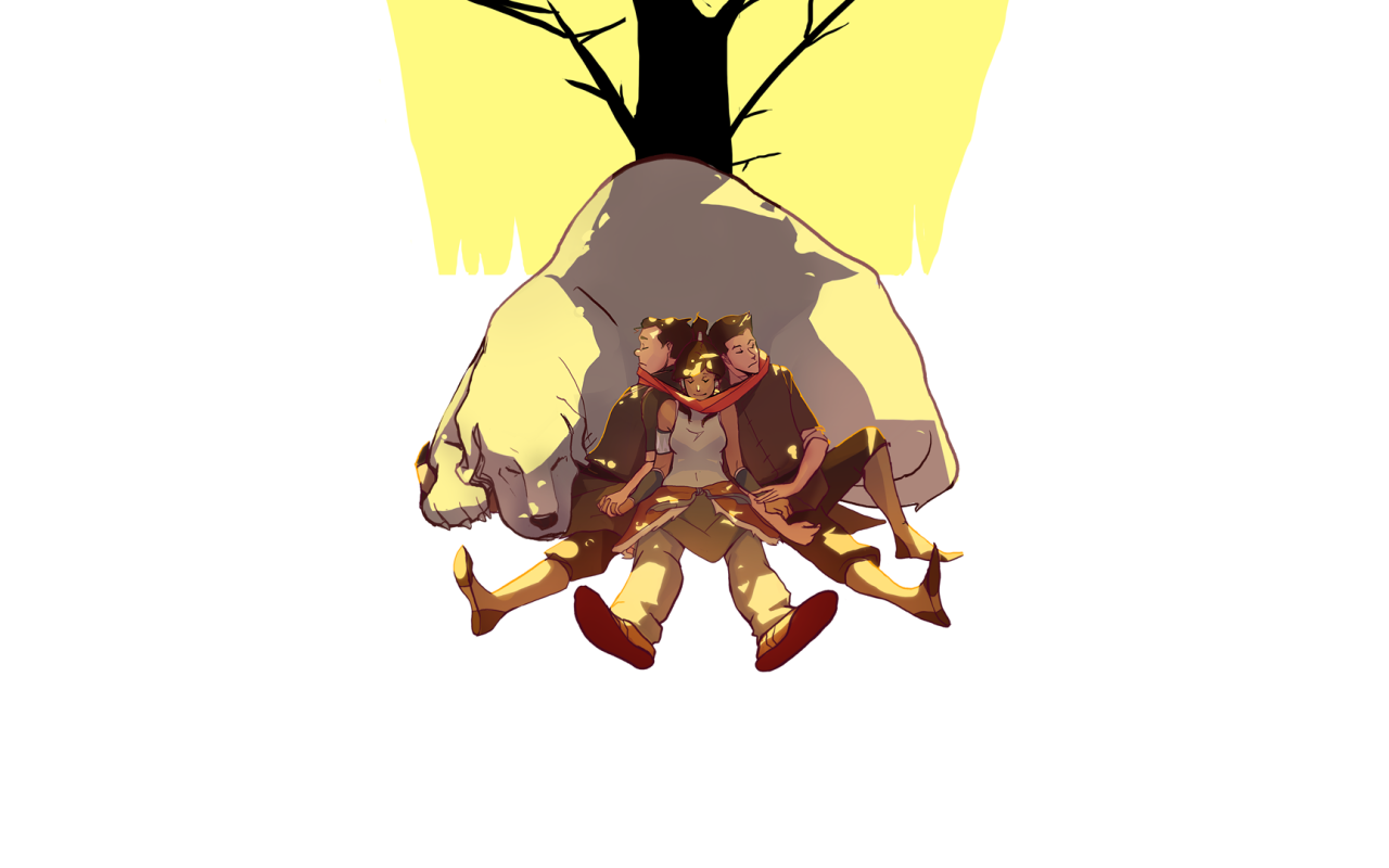 Три персонажа аниме Легенда о Корре спят у бока животного