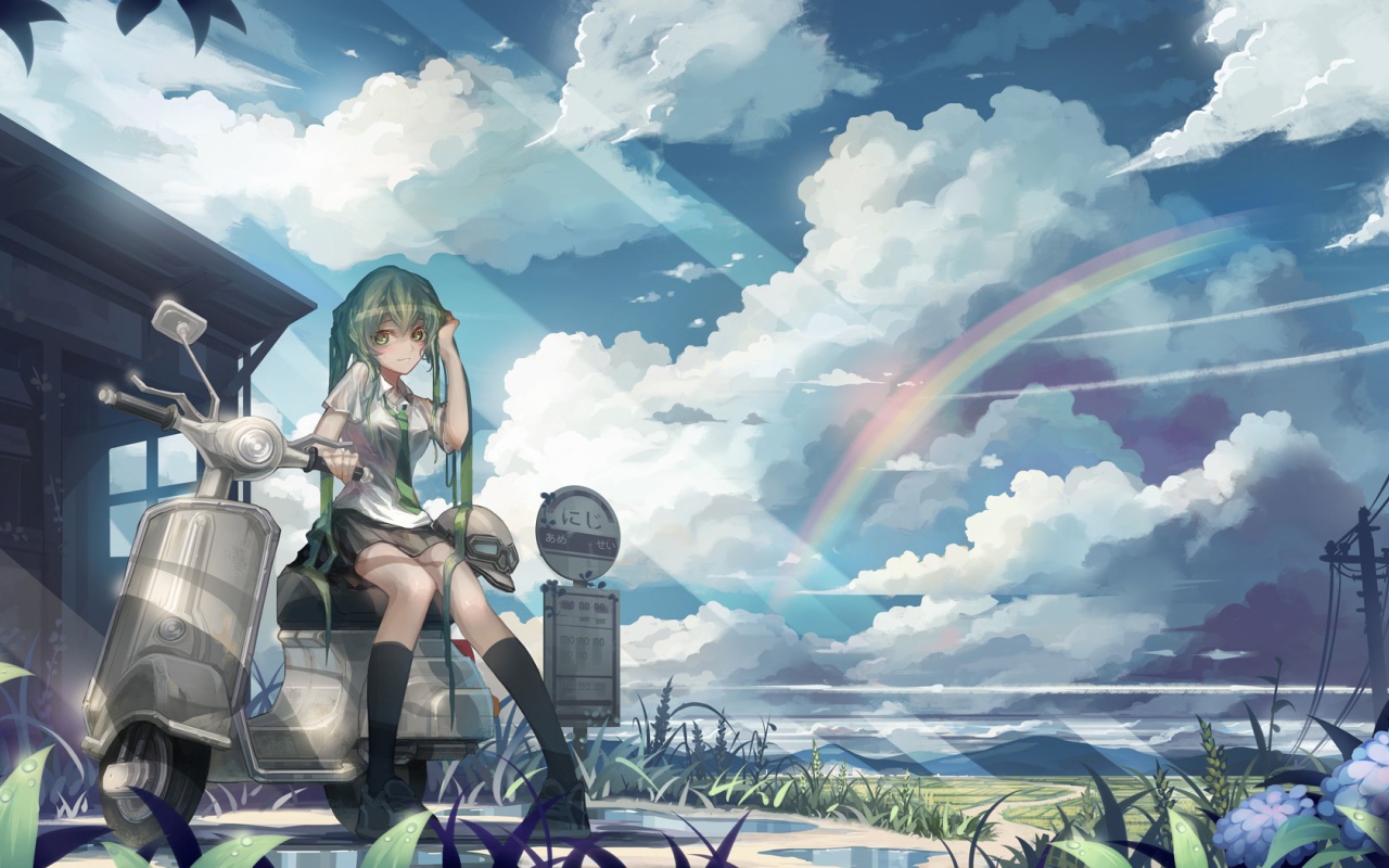Вокалоид Hatsune Miku на фоне радуги, аниме
