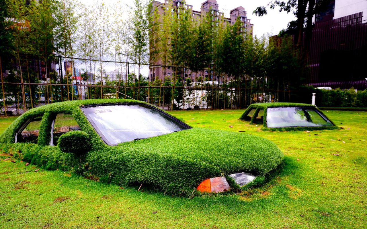 Автомобили утонули в газоне