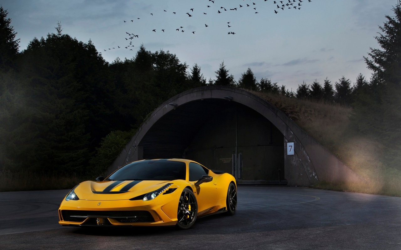 Yellow Ferrari 458 Speciale at the entrance to the hangar