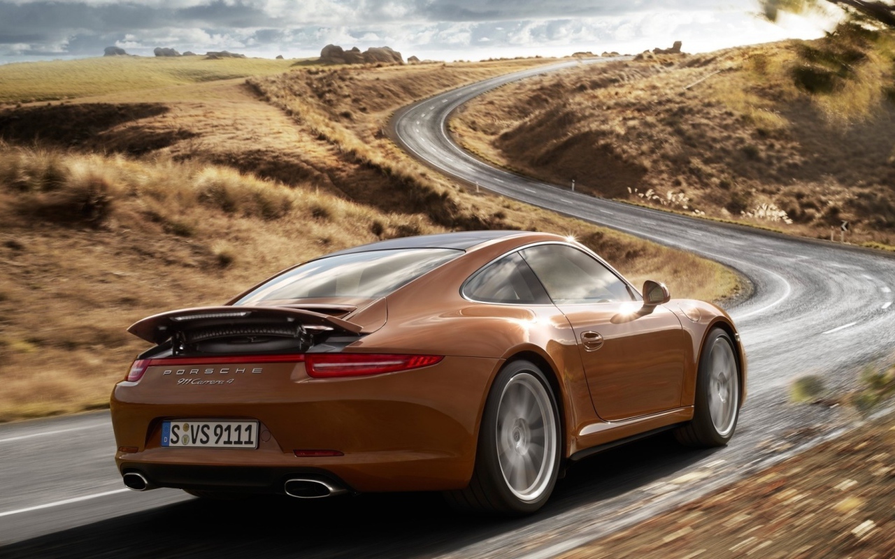 Коричневый Порше на шоссе за городом