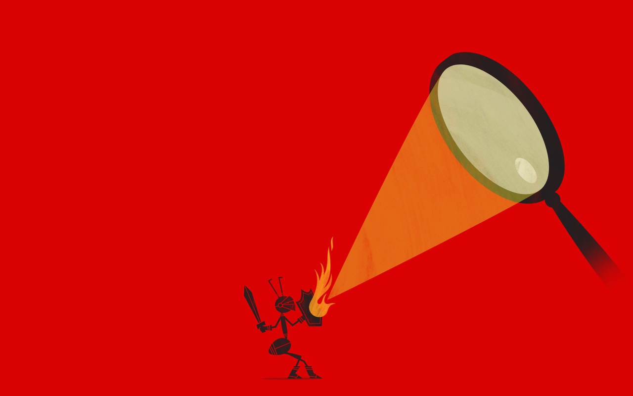 Муравей защищается от луча, красный фон