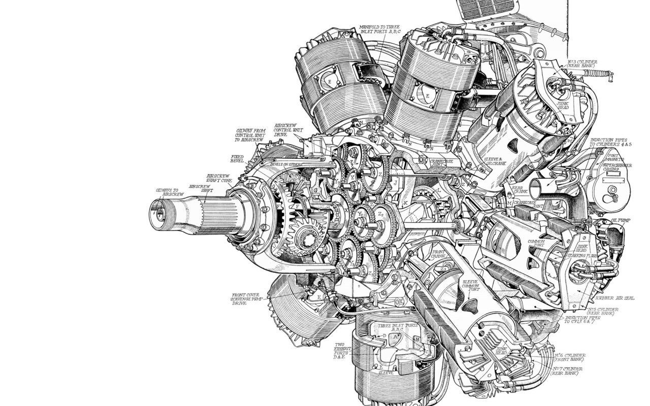 Чертеж мощного двигателя на белом фоне