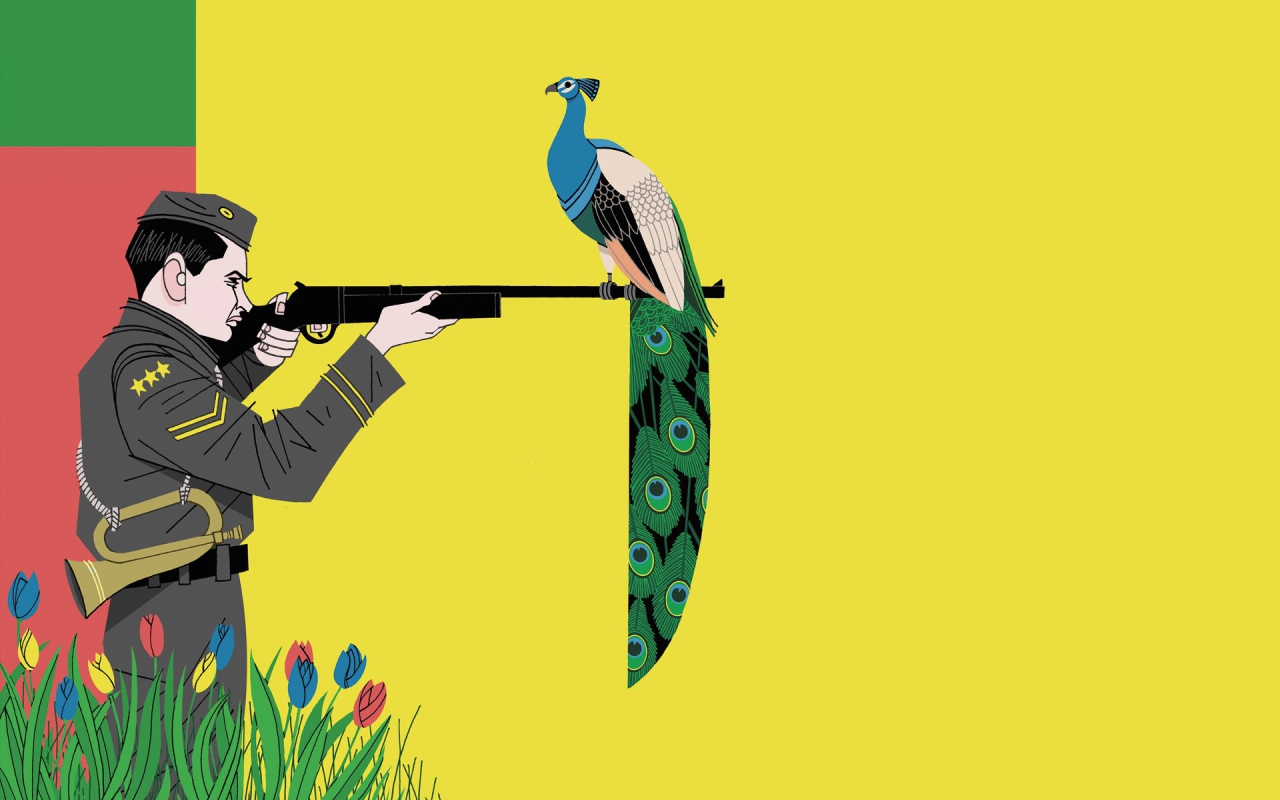 Фазан на ружье охотника, желтый фон