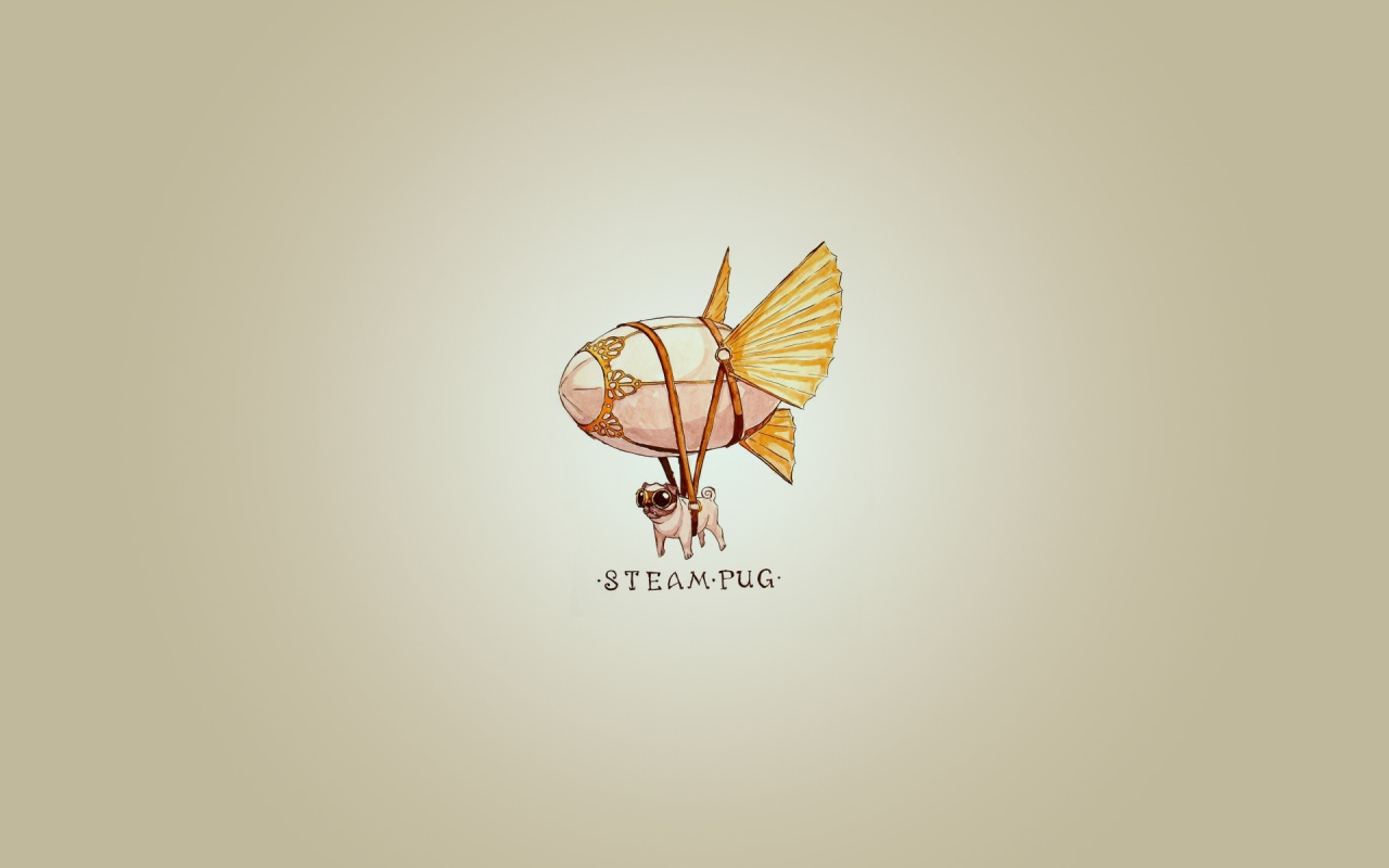 Мопс на дирижабле, серый фон