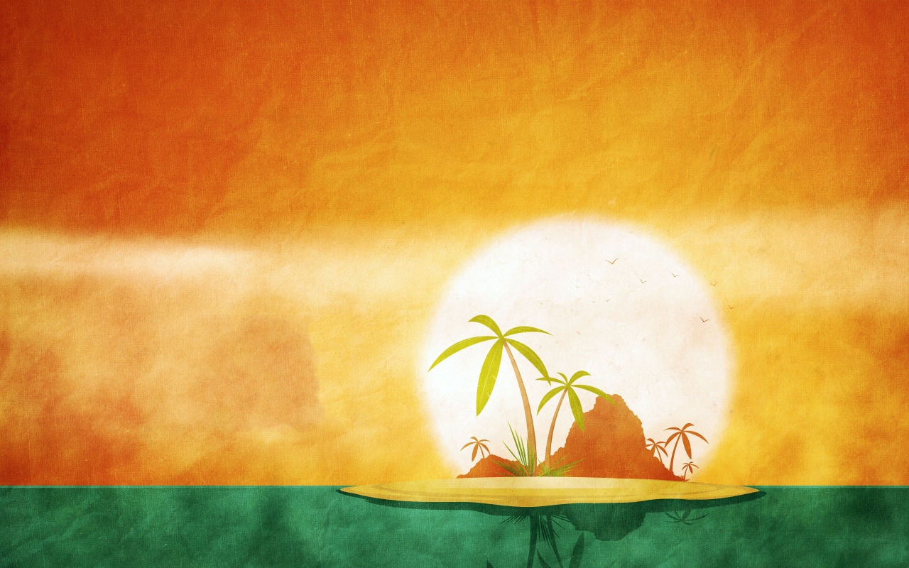 Тропический остров, оранжево зеленый фон