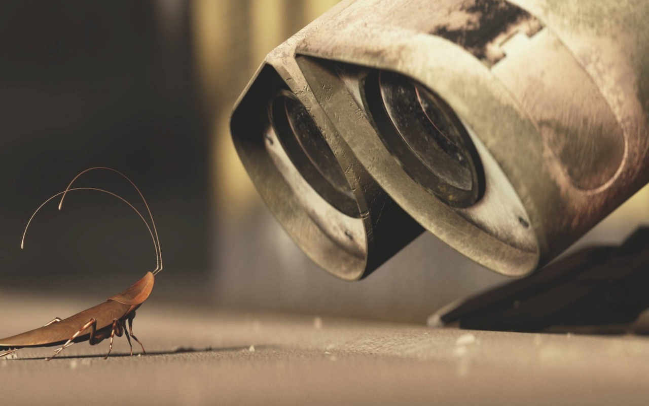 Робот смотрит на таракана, мультфильм