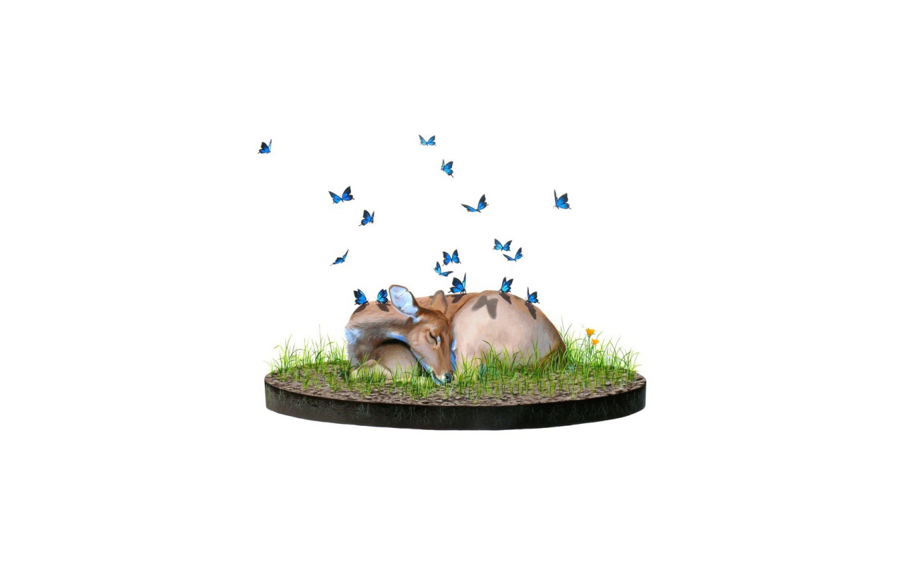 Голубые бабочки на олене