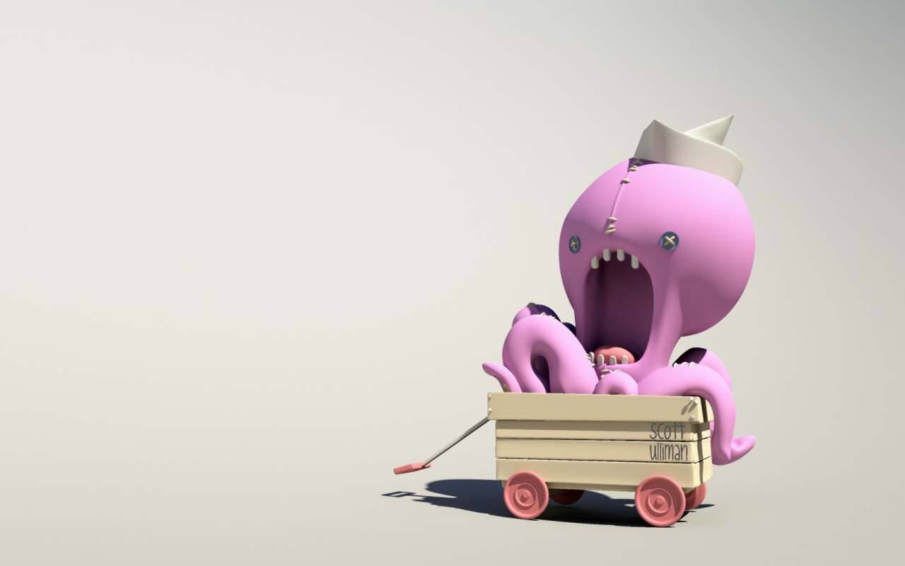 Розовый осьминог на тележке