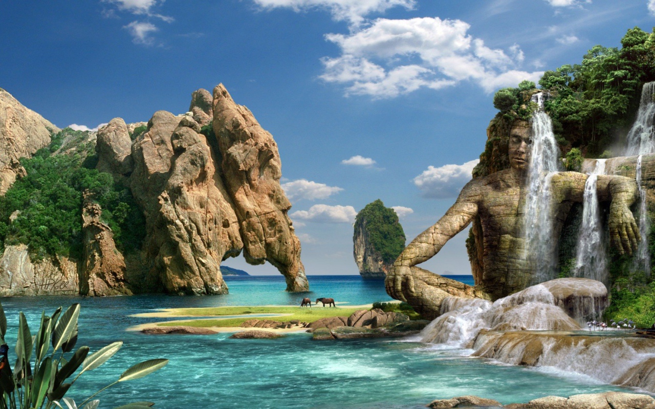 Скульптура под водопадом