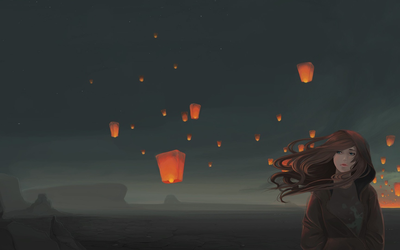 Китайские фонарики за спиной у девушки