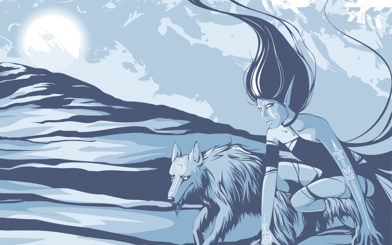 Девушка и волк в горах