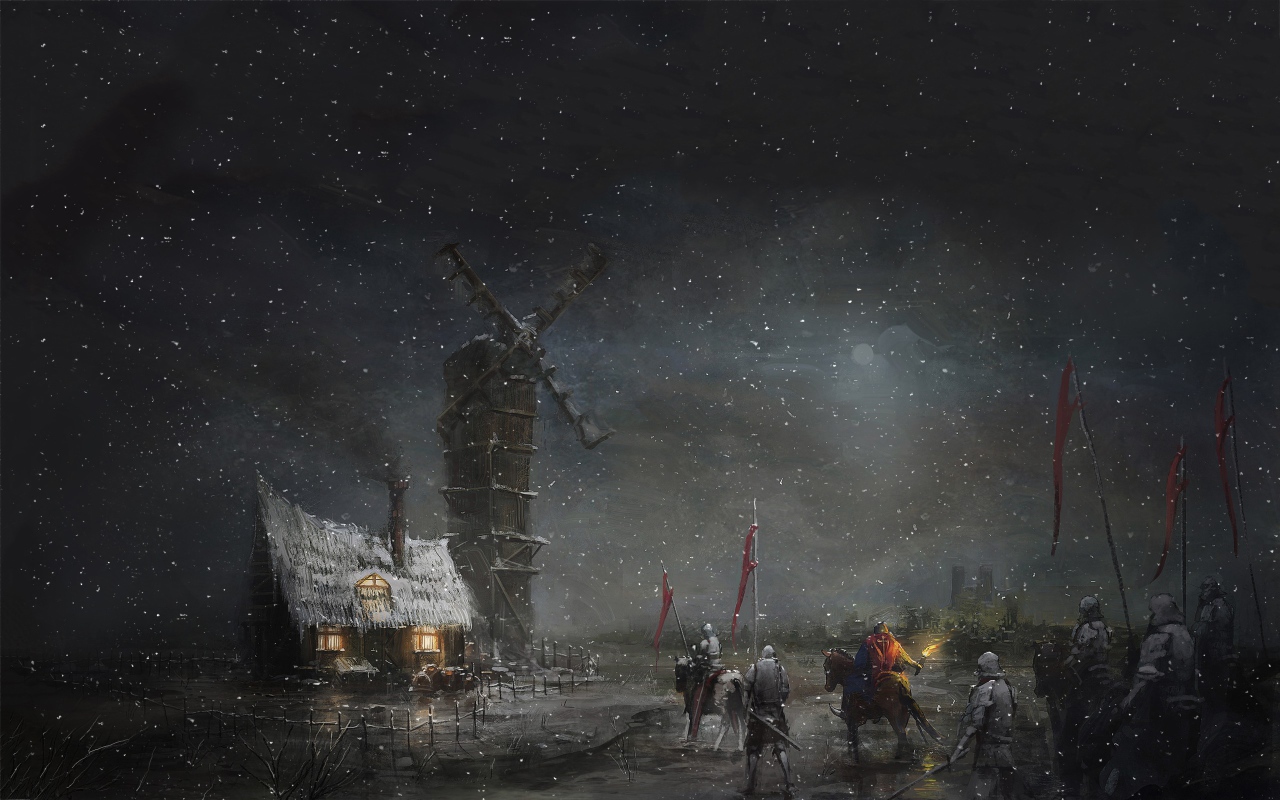 Отряд солдат у ветряной мельницы