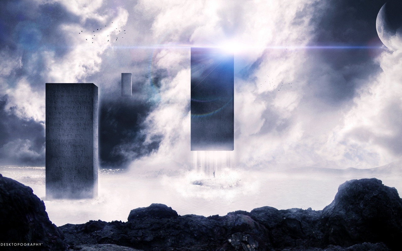 Блоки с надписями парят в воздухе