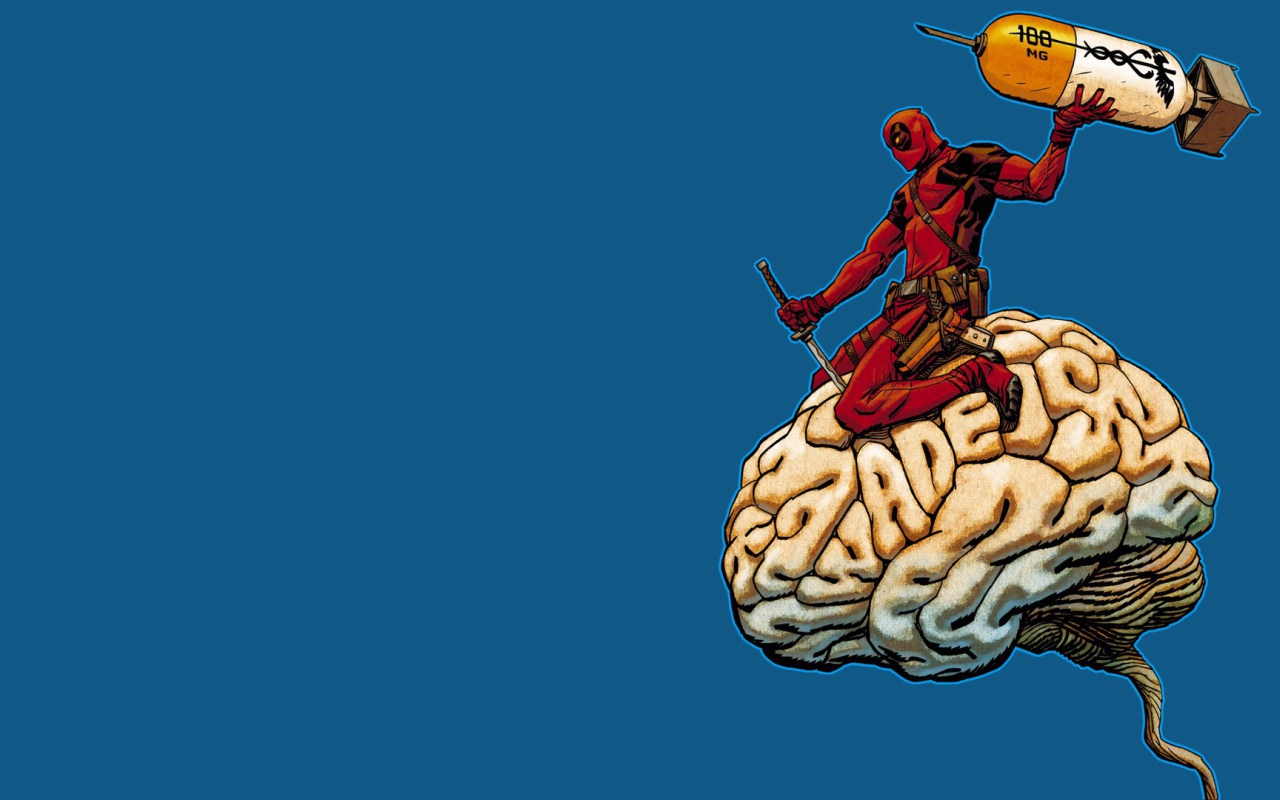 Дэдпул на мозге, голубой фон