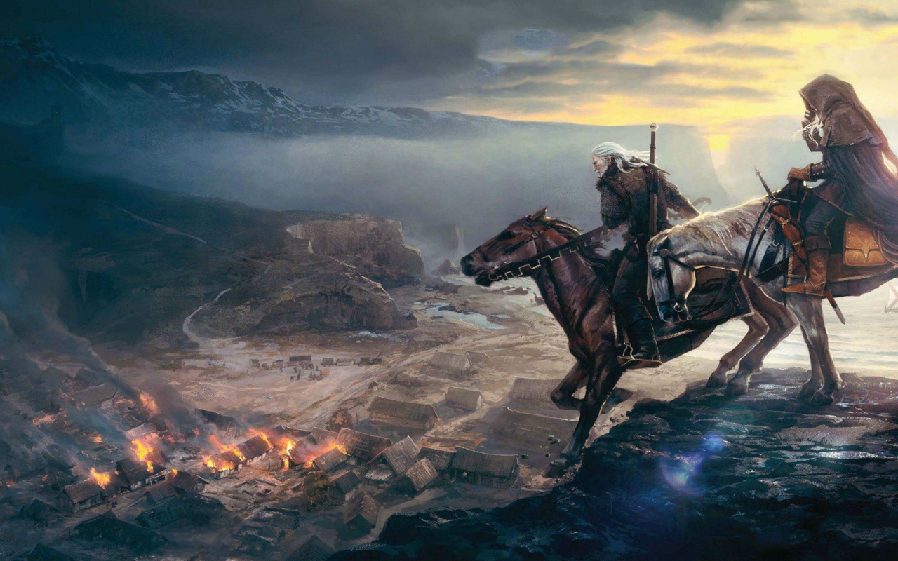 Всадники смотрят на горящую деревню