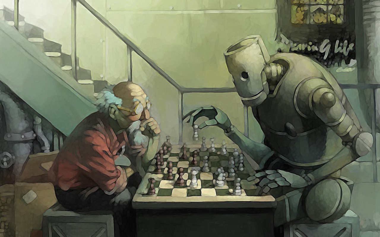 Робот играет в шахматы с пожилым мужчиной