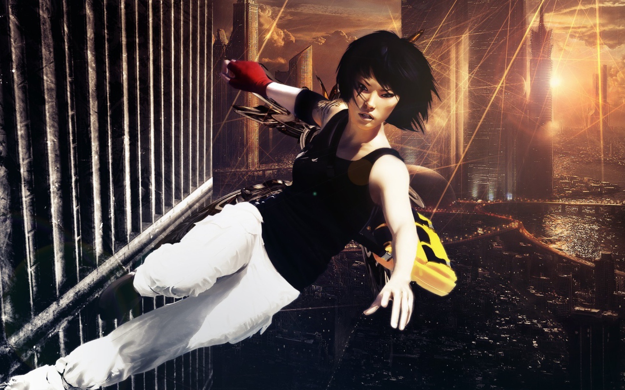 Девушка бежит по стене небоскреба