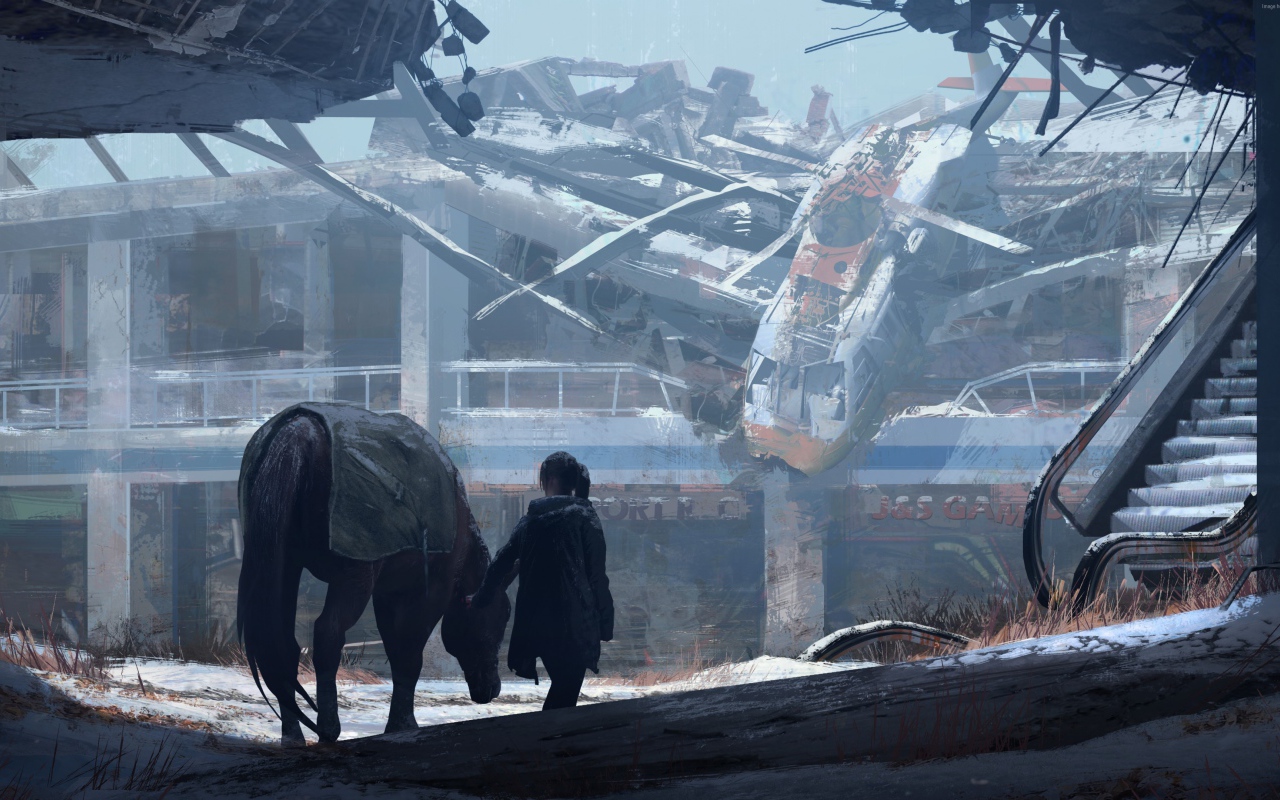 Девушка с лошадью в руинах аэропорта