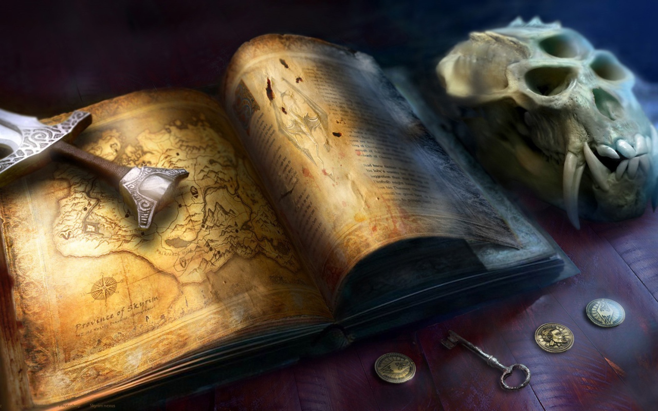 Рукоять меча на книге с картами