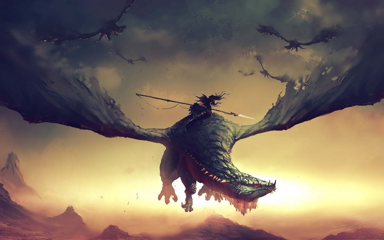 Воин с копьем верхом на драконе