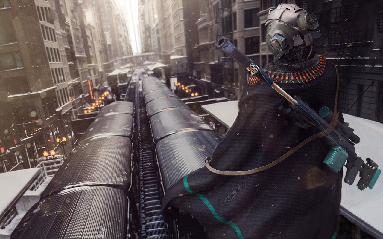 Воин в шлеме на крыше поезда метро