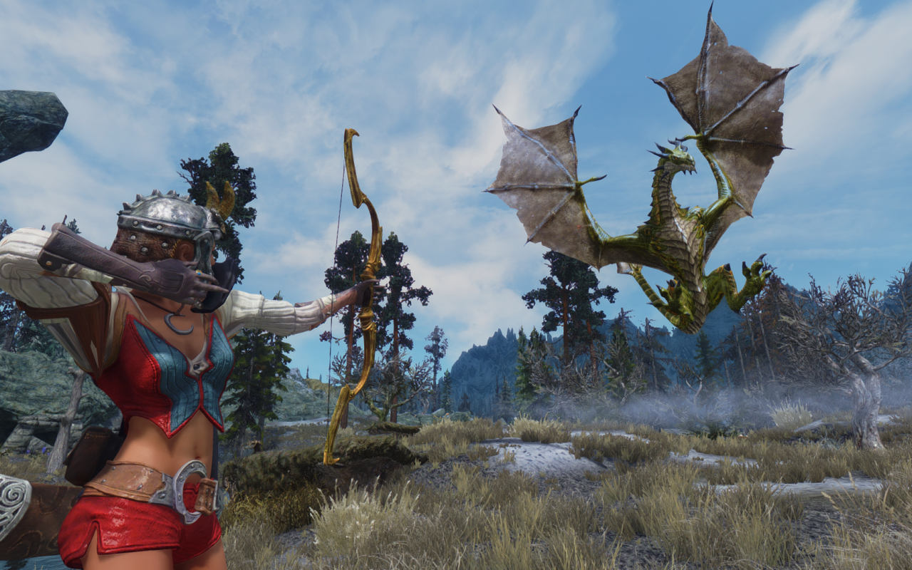Лучница поражает дракона в игре The Elder Scrolls V Skyrim