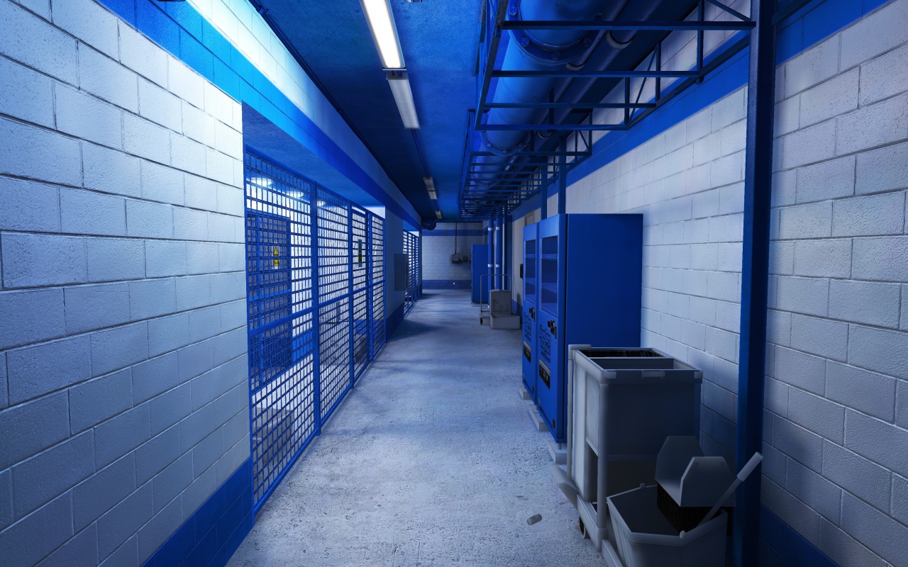 Голубой интерьер подвала, игра Mirror's Edge