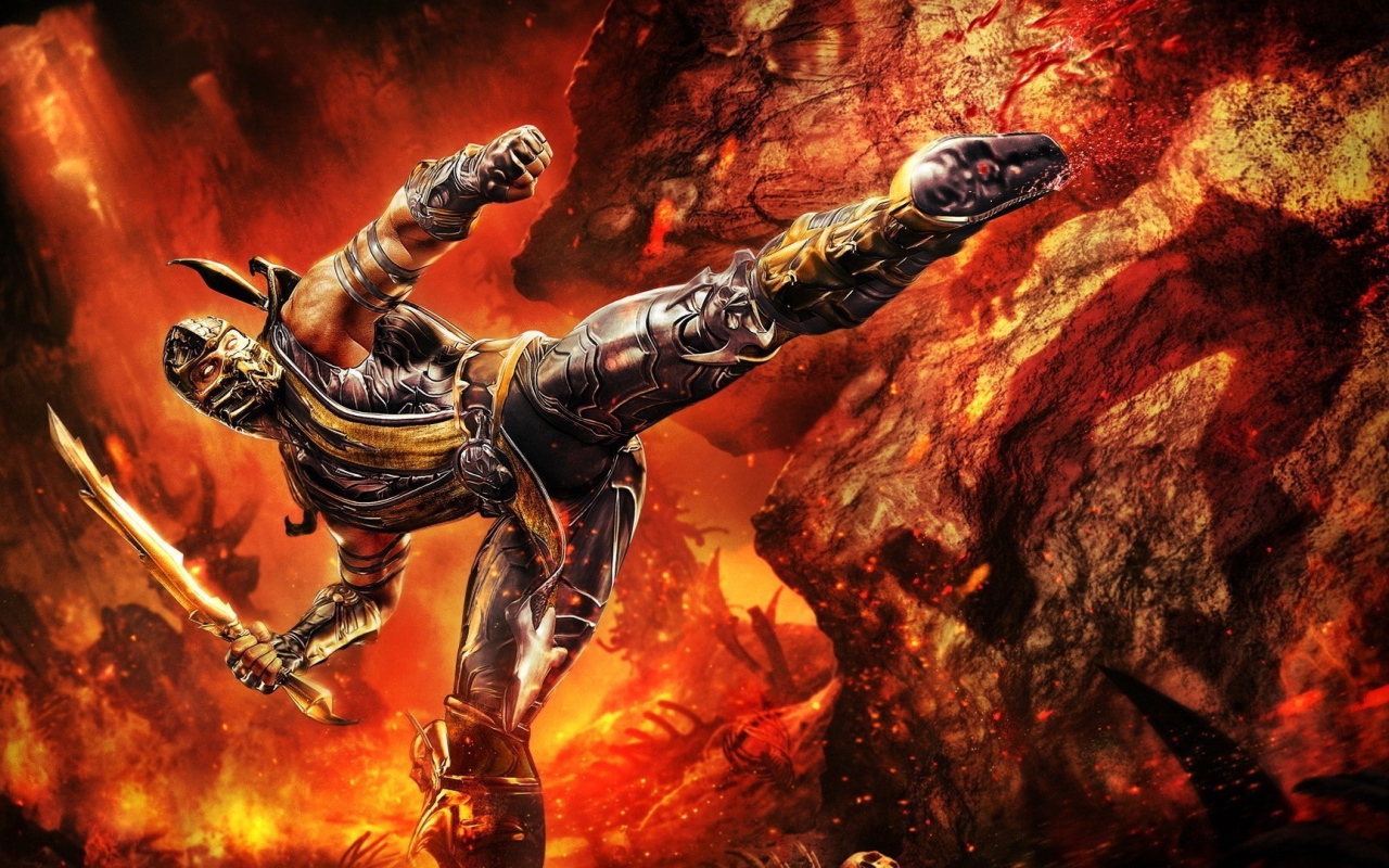 Скорпион на фоне огня в игре Mortal Kombat
