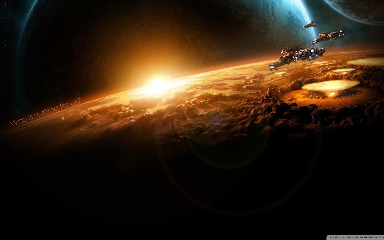 Космические корабли бомбят планету в игре Starcraft II