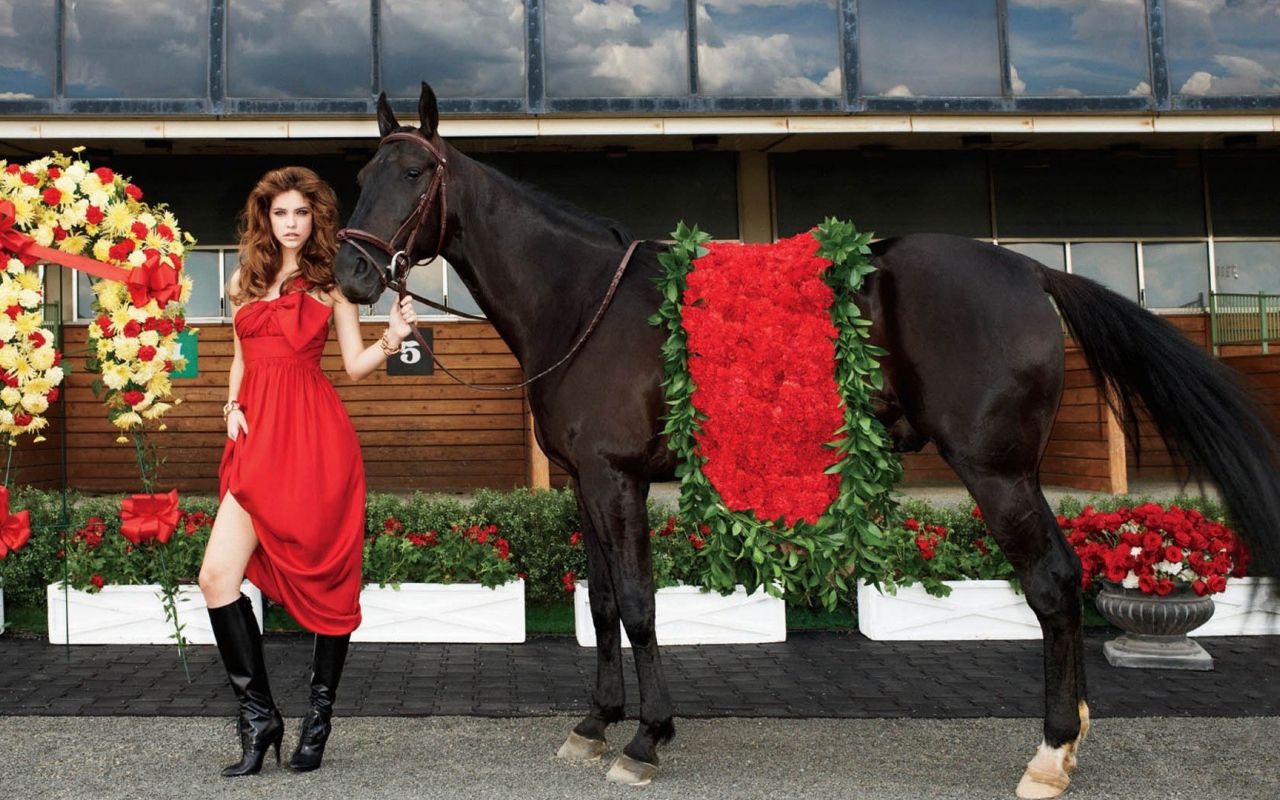 Девушка в красном платье с черной лошадью