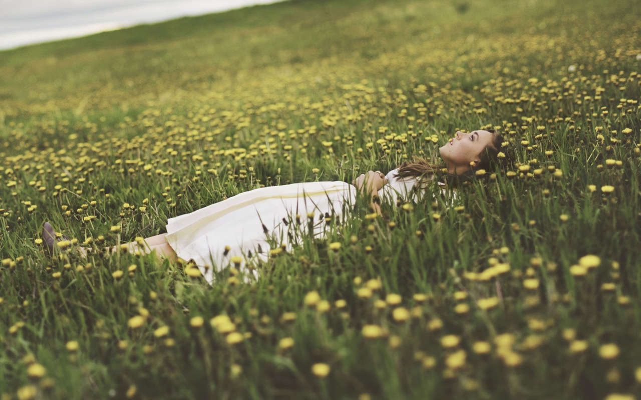 Девушка лежит в поле среди одуванчиков
