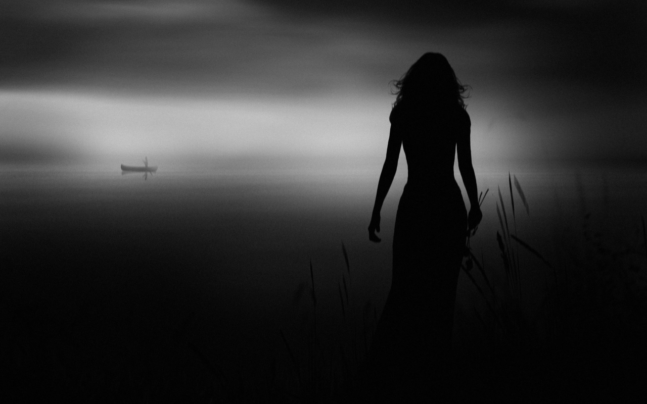 Силуэт девушки в прибрежном камыше