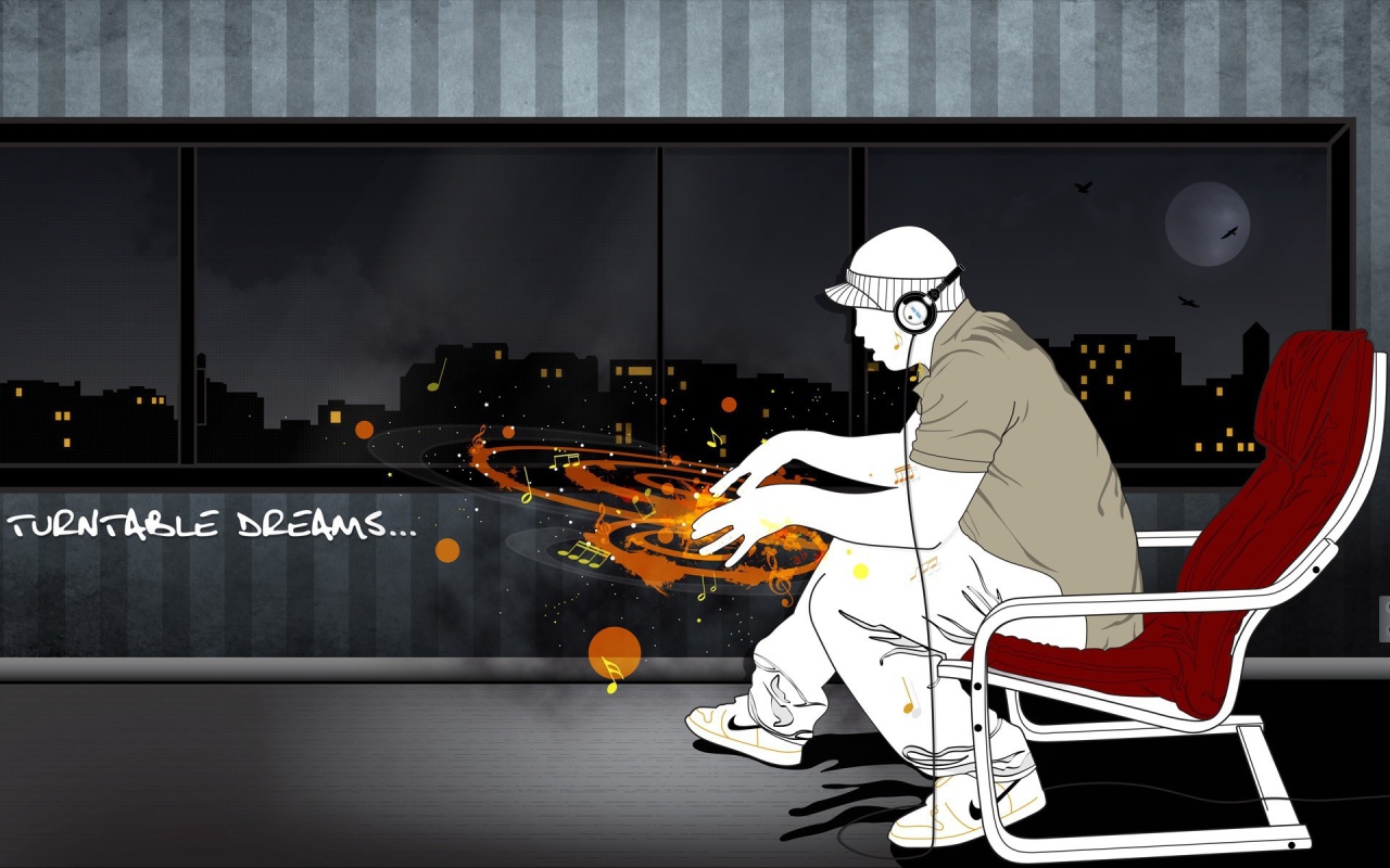 Диджей наушниках с воображаемым пультом