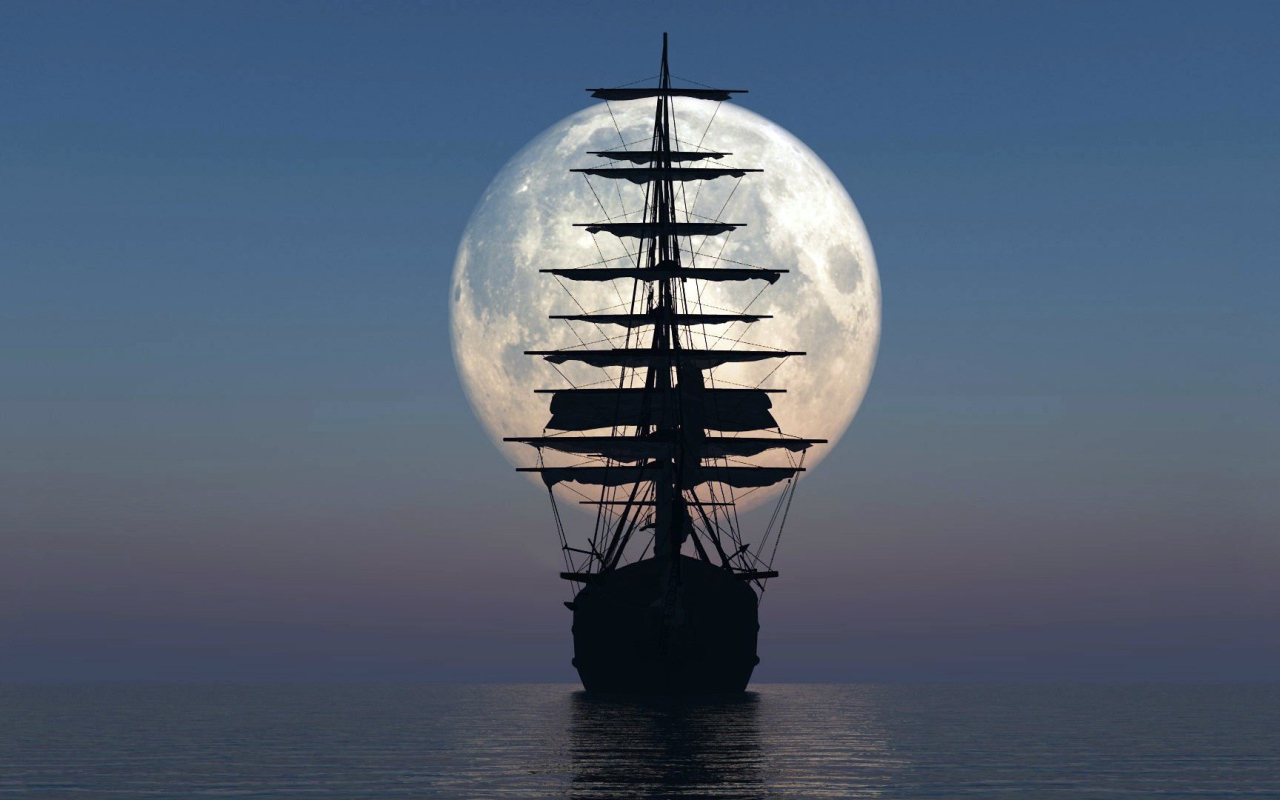 Силуэт парусника на фоне луны