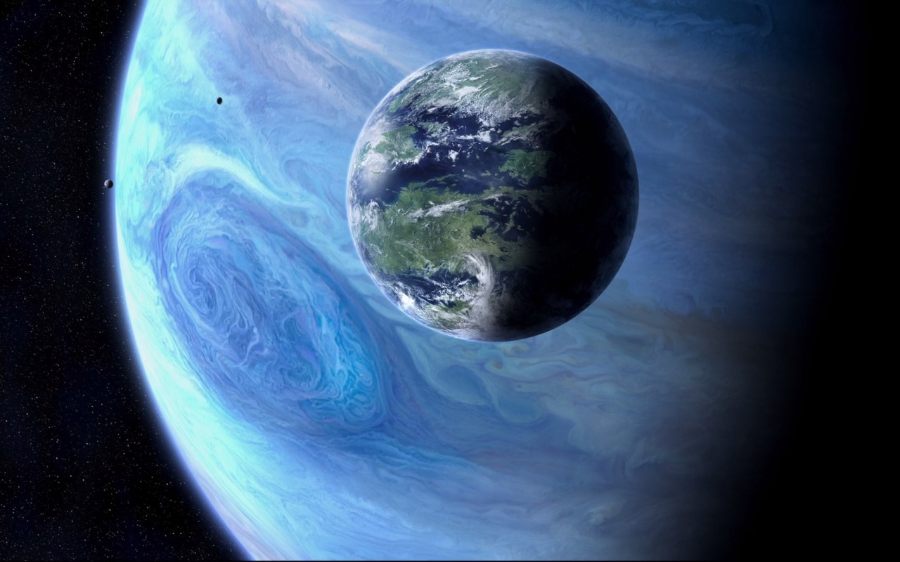 Земля на фоне голубого Юпитера