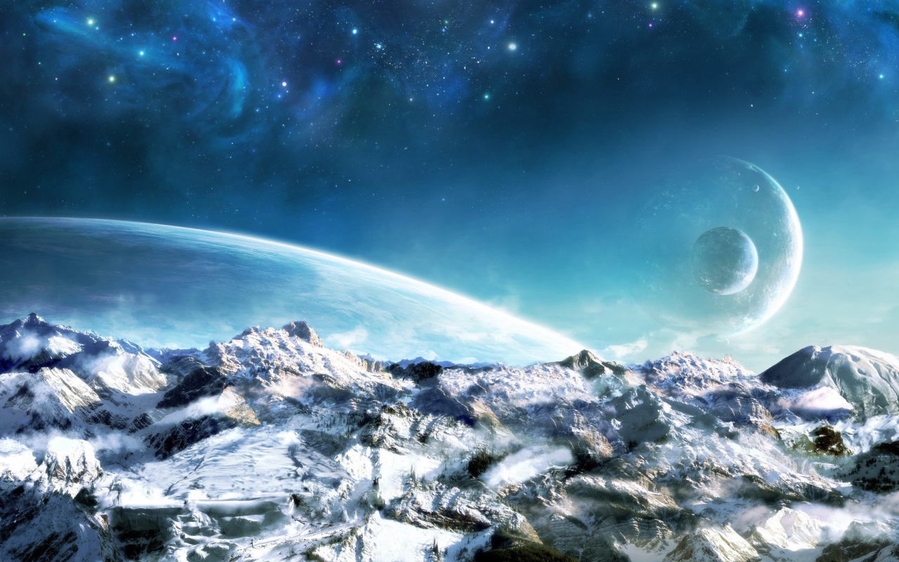Ледяной мир на фоне чужих планет